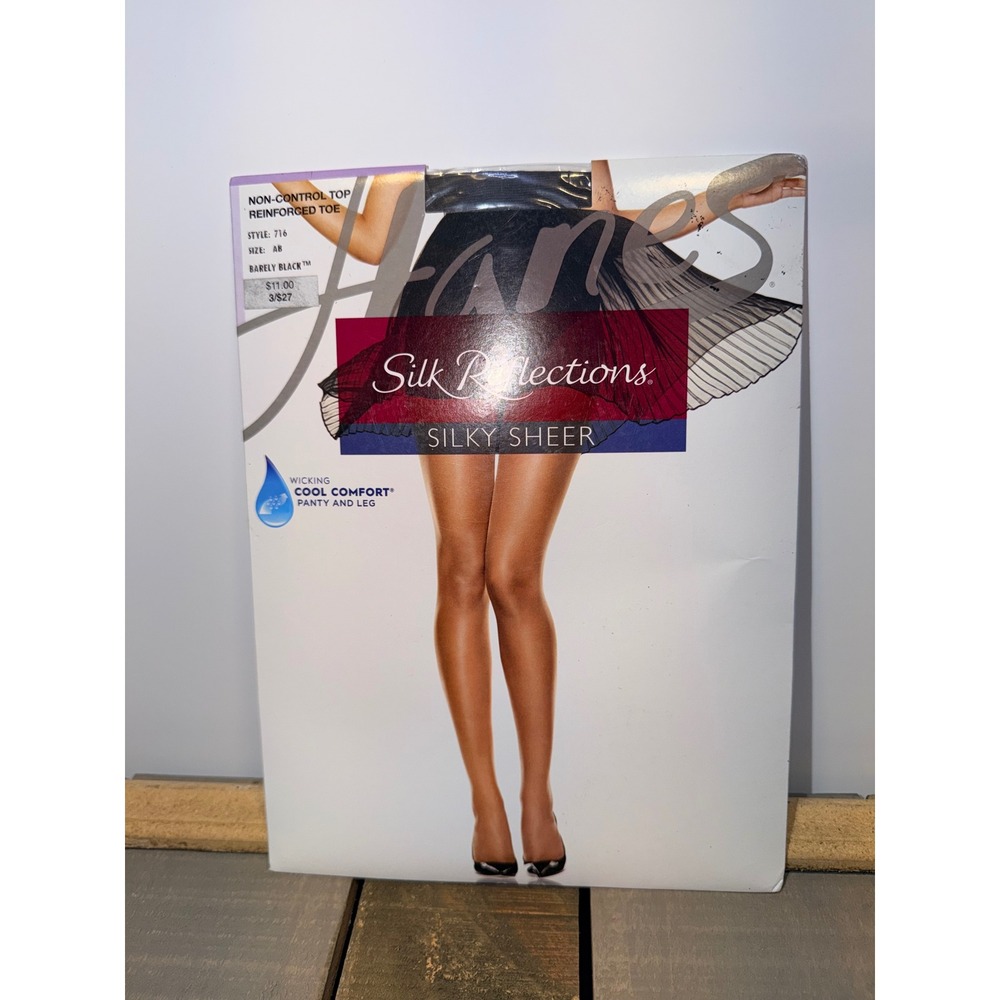 Hanes Silk Reflections Silky Sheer Pantyhose Barely Black Size AB 716 Reinforced